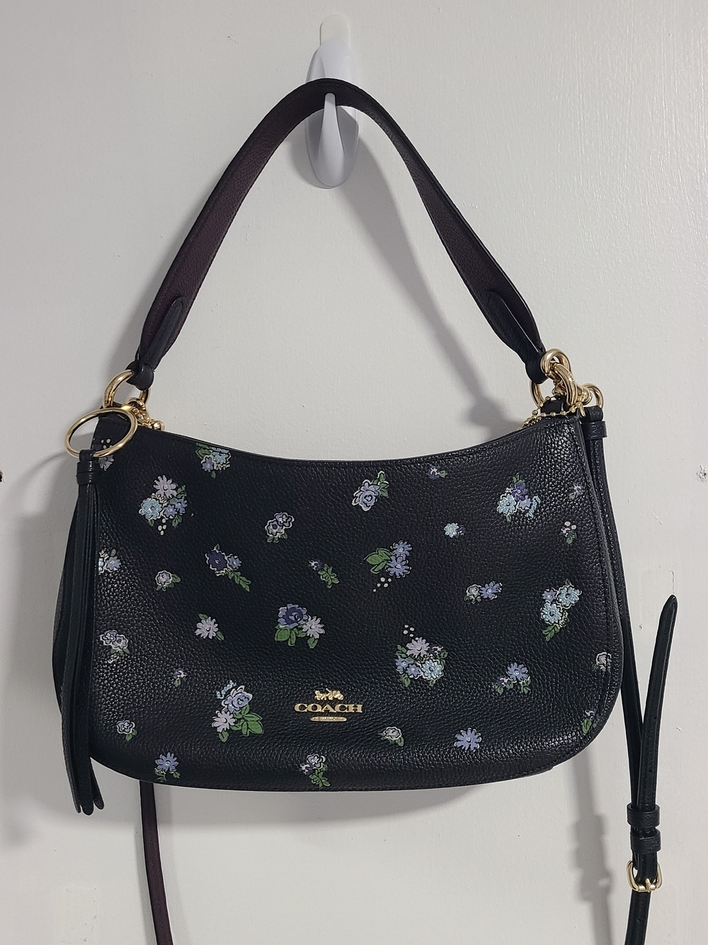 Coach Black Pebbled Leather Shoulder Bag with Purple & Green Floral Print - Picture 2 of 4